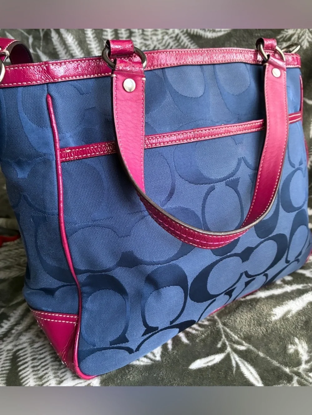 Coach Navy Signature shoulder Bag with Pink Leather Trim